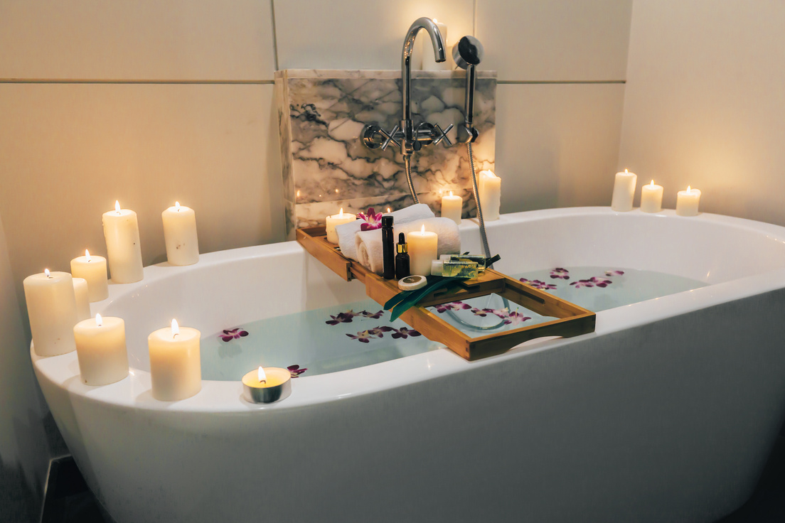 Spa Bath with Flowers, Candles and Tray